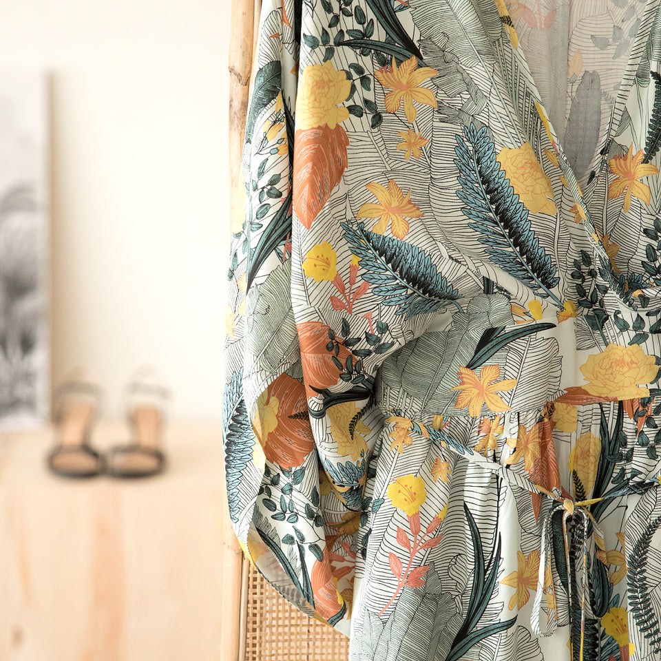 Tropic Flowers Woven Viscose, Chalk Blue