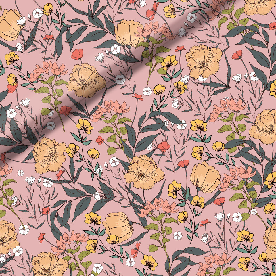 Summer Flowers French Terry, Peachskin Pink