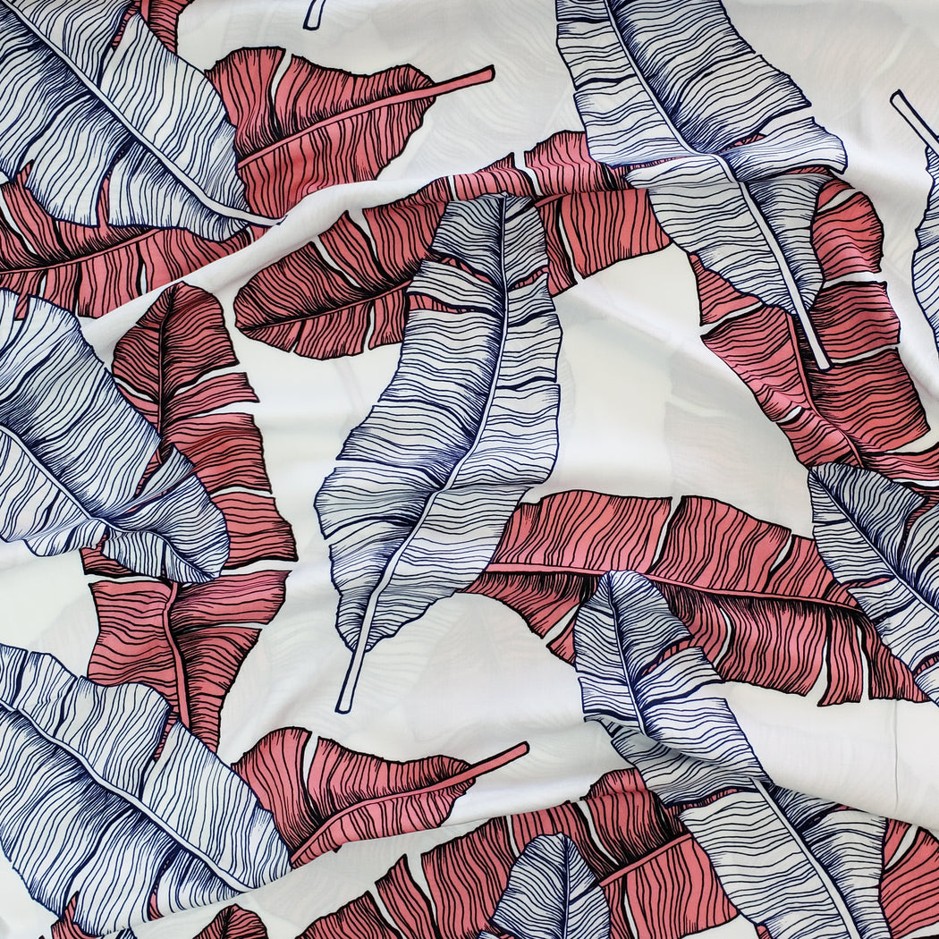 Tropical Bird Feathers Woven Viscose, White-Pink
