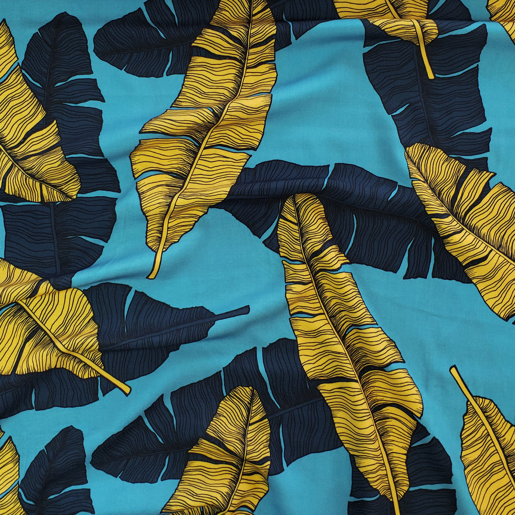 Tropical Bird Feathers Woven Viscose, Petrol-Mustard