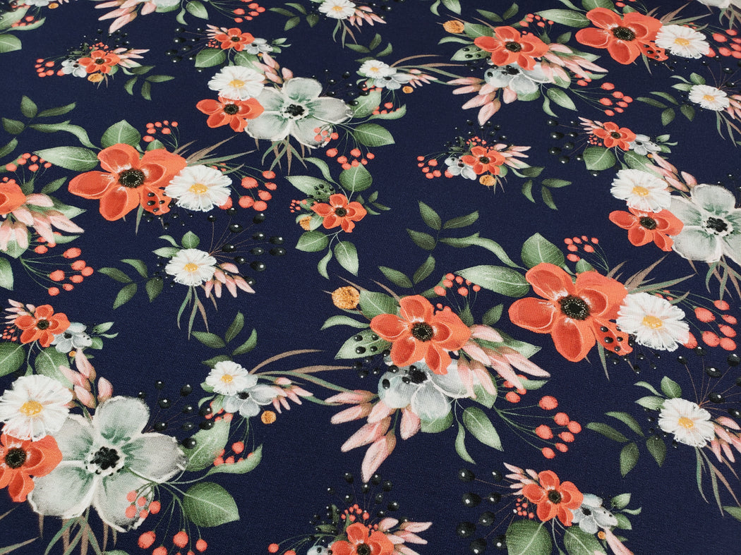 Beauty Floral Stretch French Terry, Dark Blue
