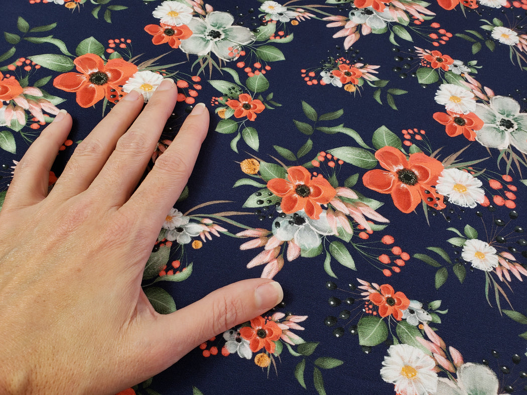 Beauty Floral Stretch French Terry, Dark Blue