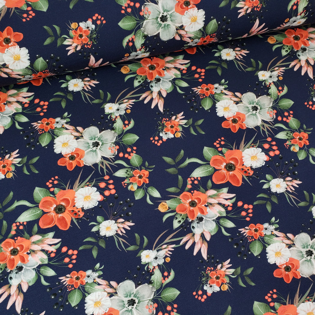 Beauty Floral Stretch French Terry, Dark Blue