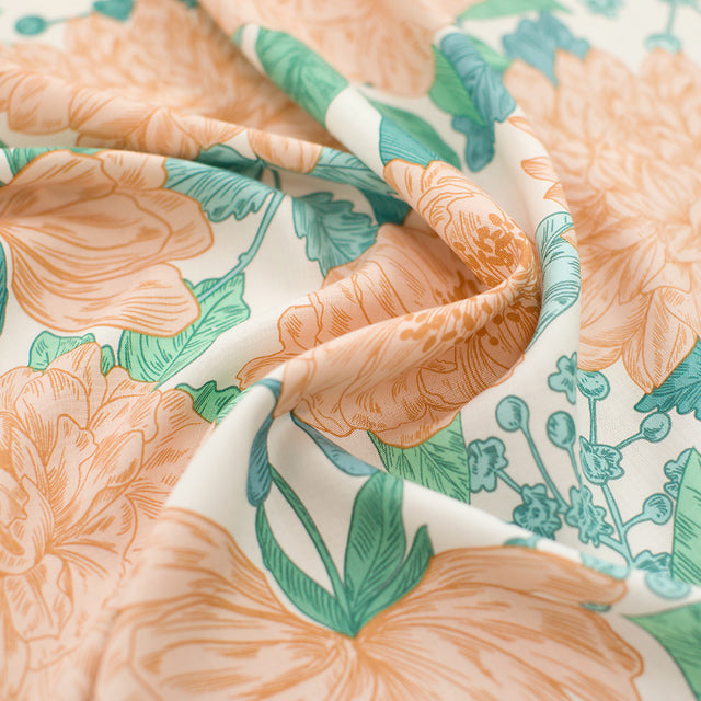 Peonies Woven Viscose, Sea Salt White