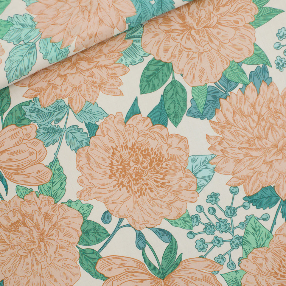 Peonies Woven Viscose, Sea Salt White