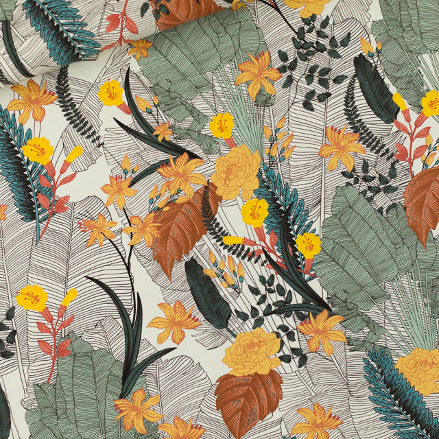 Tropic Flowers Woven Viscose, Chalk Blue