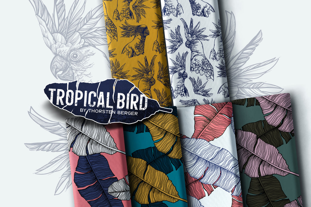 Tropical Bird Feathers Woven Viscose, Petrol-Mustard