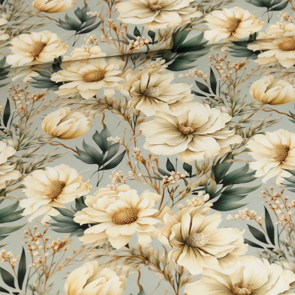 Floral Scent Beige Flowers Organic French Terry, Old Green