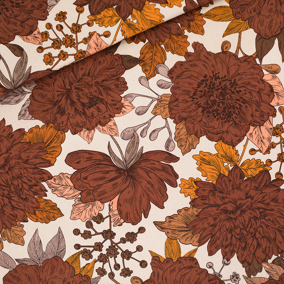 Peonies Cotton Canvas Twill, Almond Peach Gray