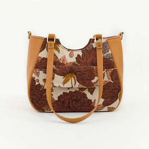 Peonies Cotton Canvas Twill, Almond Peach Gray