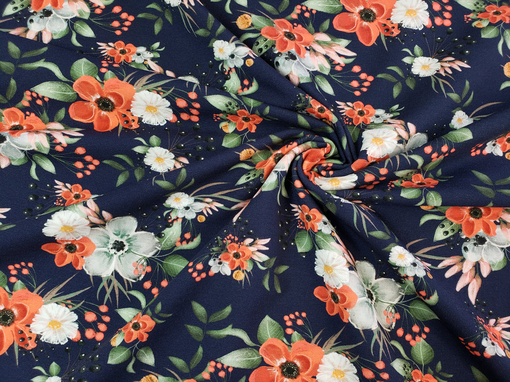 Beauty Floral Stretch French Terry, Dark Blue